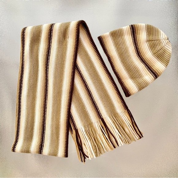 Joe Boxer Brown and Beige Striped Knit Hat and Fringed Scarf Set ~ One Size - Picture 2 of 5